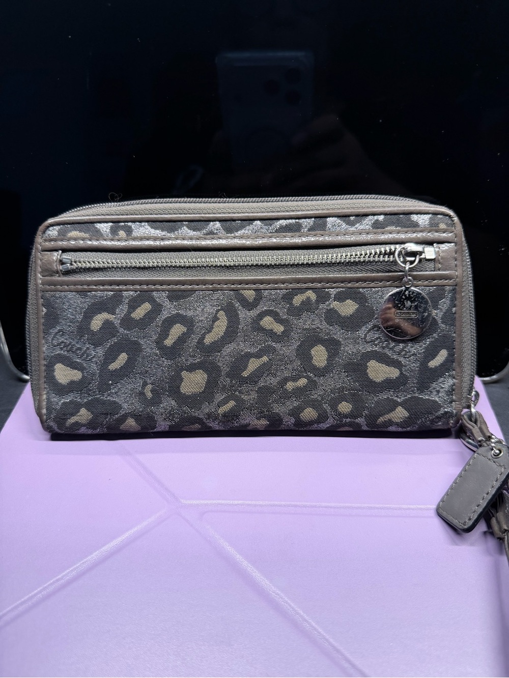 Coach Leopard Print Continental Wallet in Grey and Taupe
